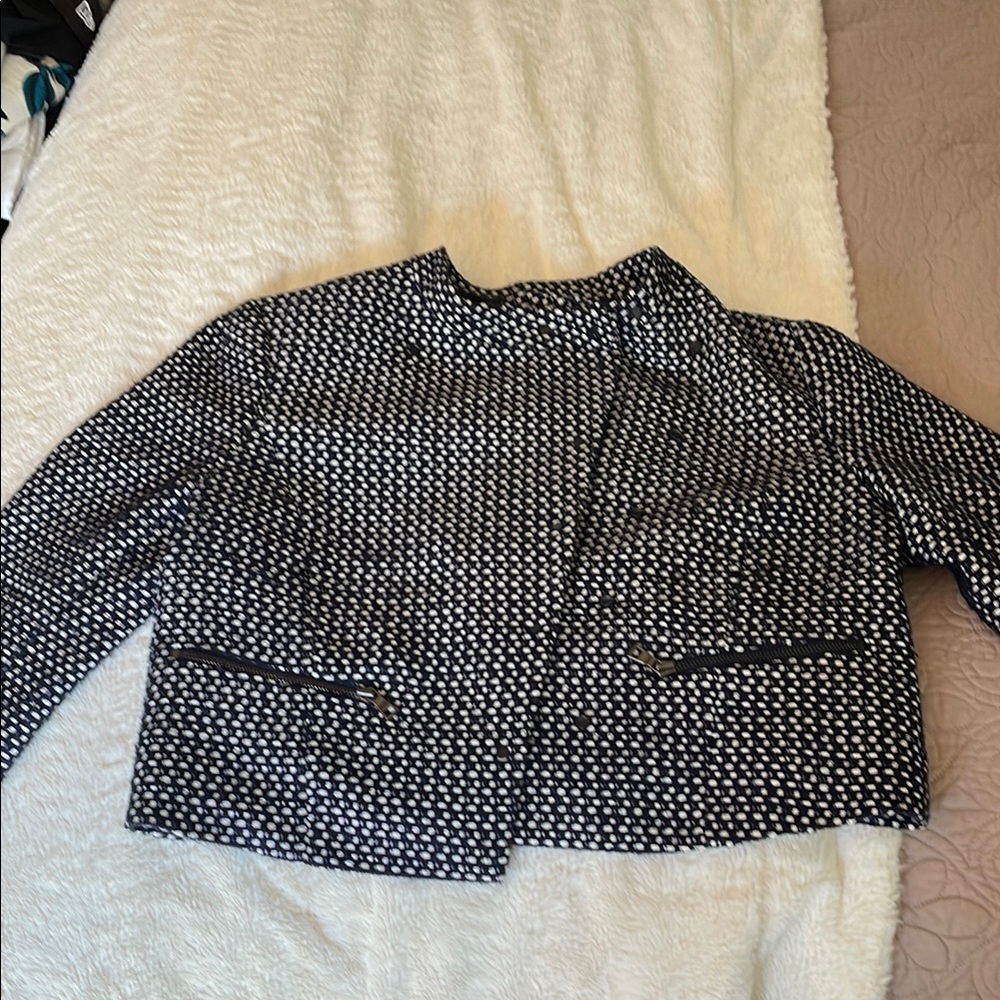 Women's Navy and White tweed suit jacket; hits at belt line